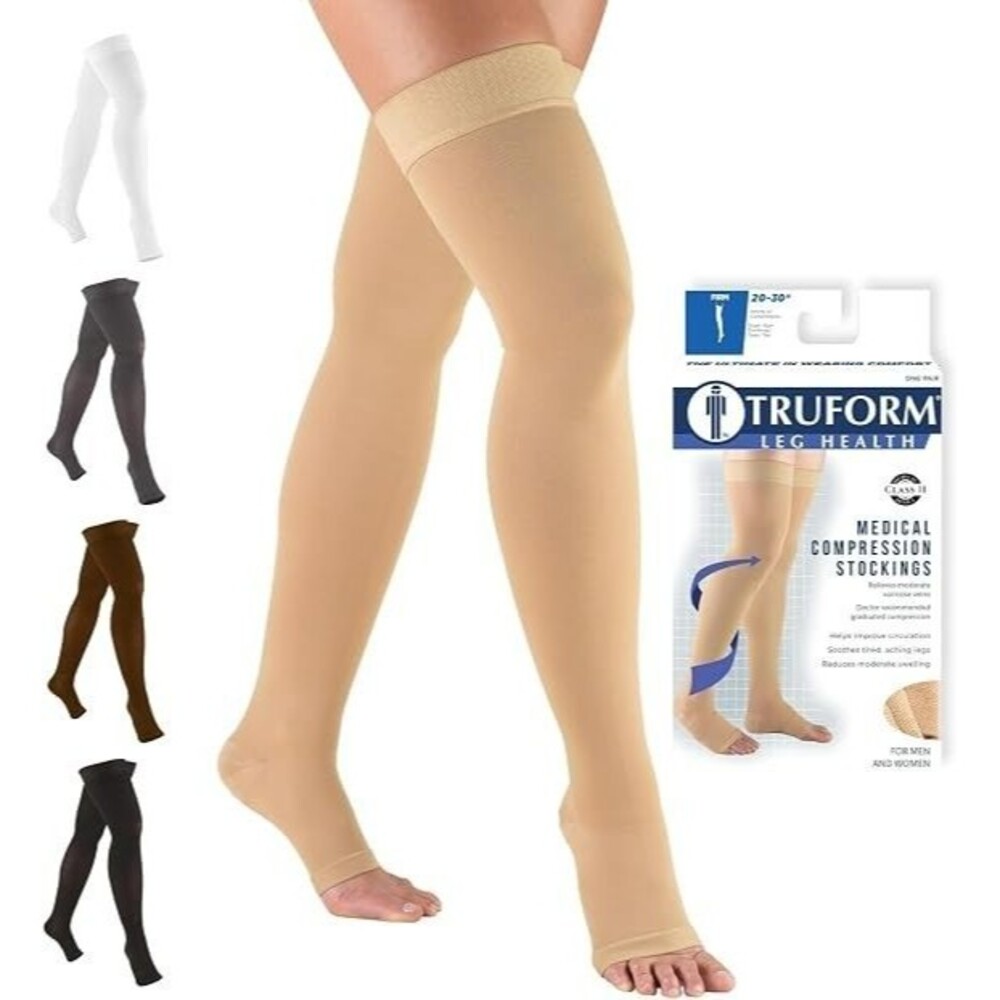 Truform Men's Women's 20-30 mmHg Compression LARGE 1 Pair Stockings Beige Thigh